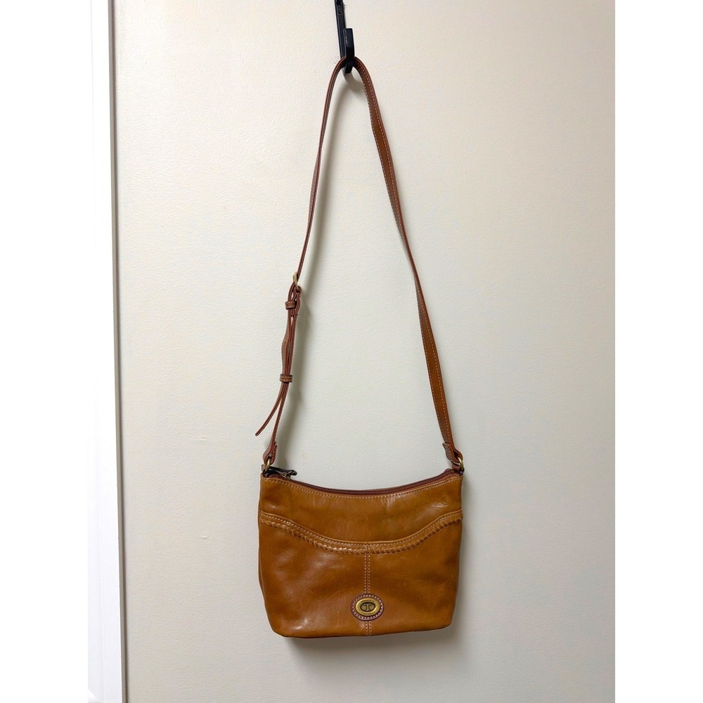 Tignanello Leather Crossbody Bag Brown Small Hobo Shoulder Purse RFID Brass Logo - Picture 2 of 16